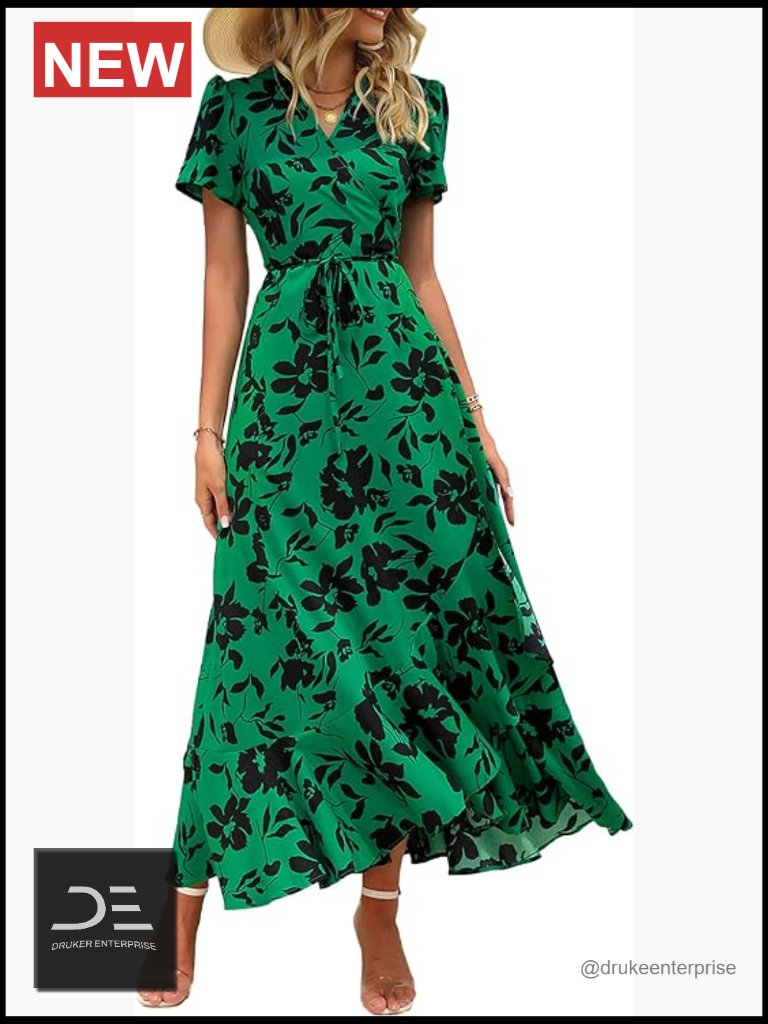 Boho Floral Maxi Dress - Short Sleeve Wrap V Neck